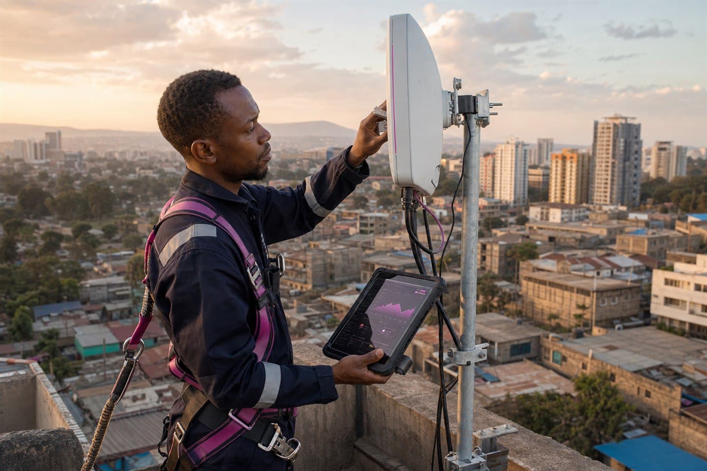 ISP field technician aligning rooftop wireless equipment in Nairobi